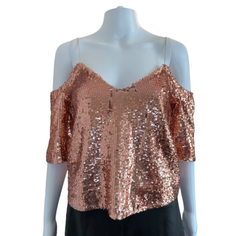 Alice + Olivia Top Womens XS Agatha Sequin Rose Gold Off The Shoulder Fairy NEW